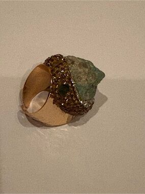 Raw Green Stone Statement Cuff Ring Gold Tone Crystal Pave Adjustable